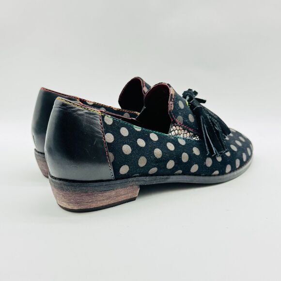 L'Artiste Shoes Womens 38 US 7.5 8 Black Gold Polka Dot Loafers Tassel Heels - Picture 7 of 13